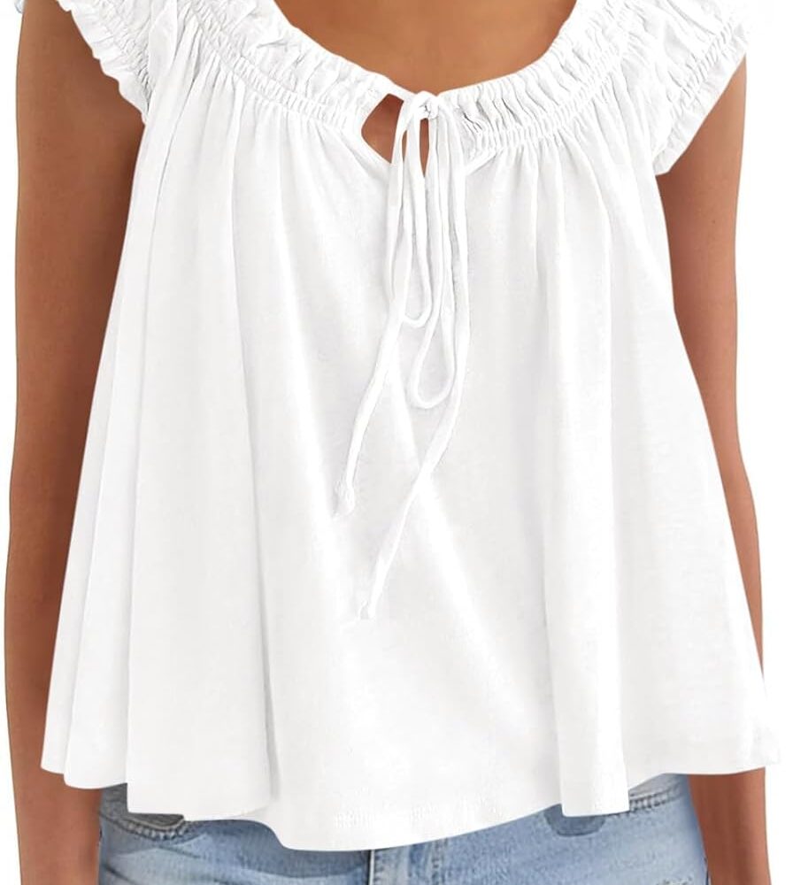 Womens Summer Babydoll Flowy Peplum Tops Cute Cap Ruffle Sleeve Blouse